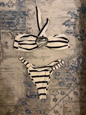 Strawberry Milk Mob Striped Black and White Bandeau Bikini Set